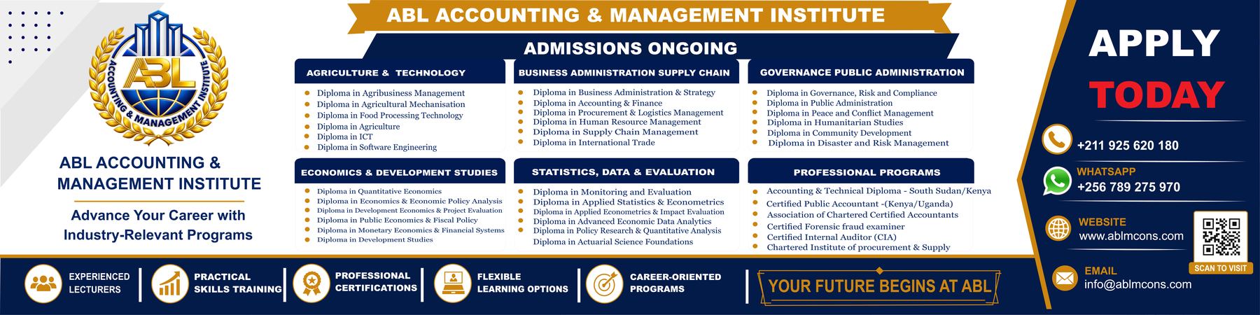 ABL Accounting & Management Institute admissions banner listing every diploma programme, the professional programmes and the contact details